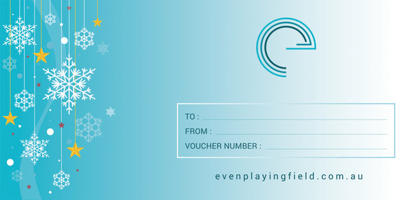 The back of the Gift Certificate is a lighter teal blue with the snowflakes on it also. It has even playing field's graphical mark and evcher. enplayingfield.com.au either side of a box. In the box there is space for the information to be completed. To: From: and Voucher Number: